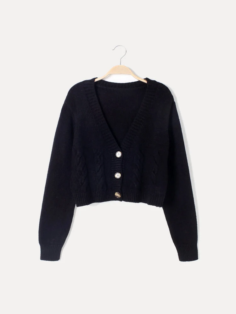 Christa | Damen Zopfmuster-Strickjacke mit V-Ausschnitt und Knöpfen