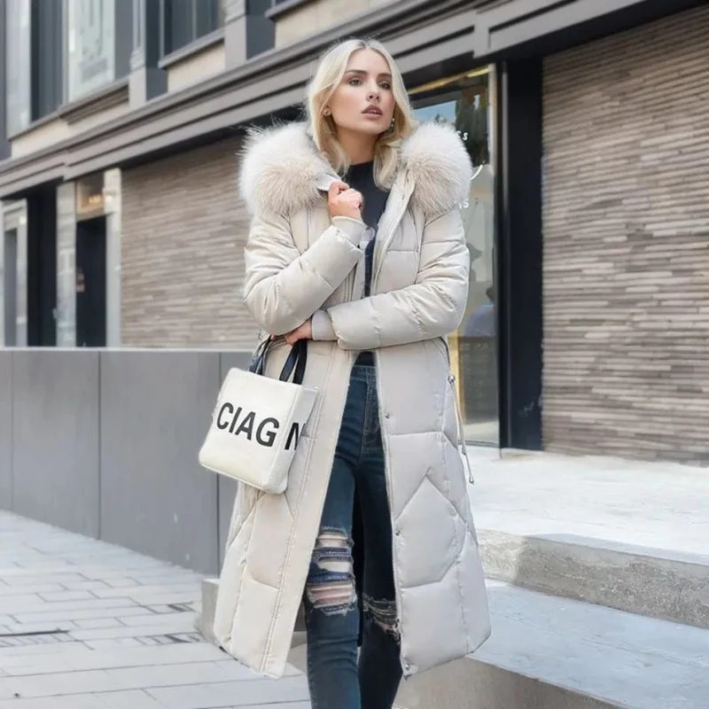 Jessica | Damen Lange Winterjacke mit Kapuze und Fellbesatz
