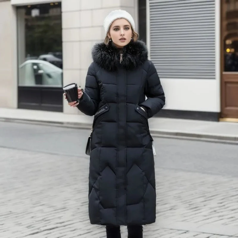 Jessica | Damen Lange Winterjacke mit Kapuze und Fellbesatz