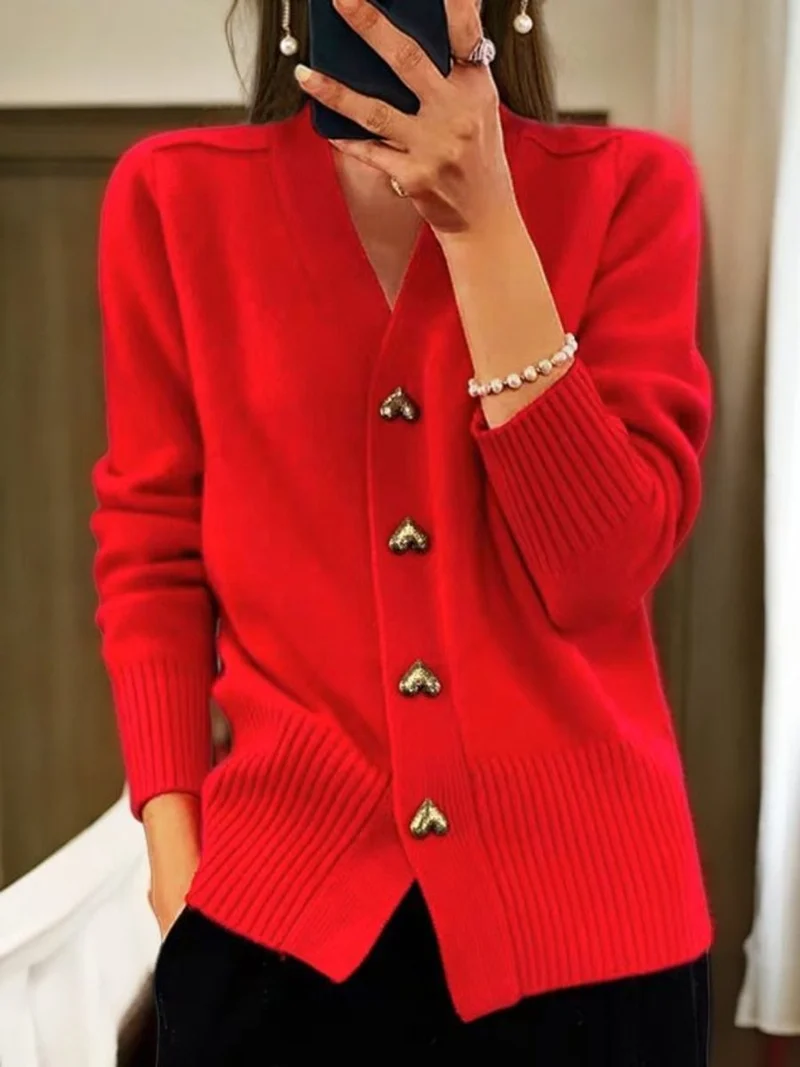 Elfriede | Damen Longline V-Ausschnitt Strick Cardigan mit Herzknöpfen