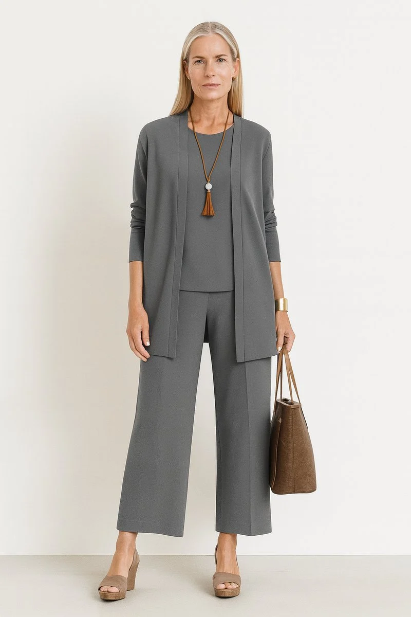 Amelie | Damen Longline-Cardigan 3-teiliges Set Culotte Hosenanzug Elegant