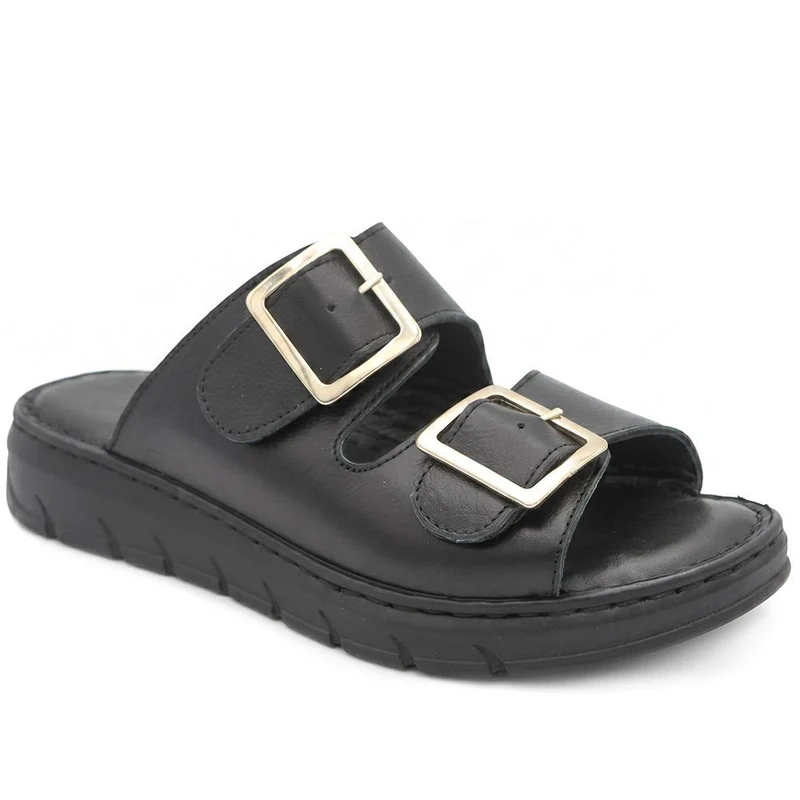 Dual Buckled Leather Chunky Mule Sandals - GOKH43001 / 329 421 - Black