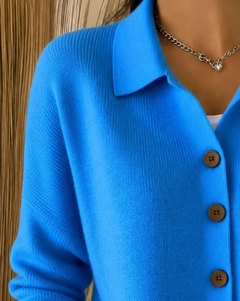 Leonie | Damen Relaxed-Fit Polokragen Strick-Cardigan mit Knopfleiste