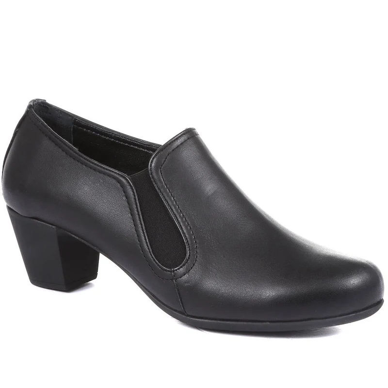 Smart Block Heel Leather Slip On Shoes - ESFA34003 / 320 440 - Black