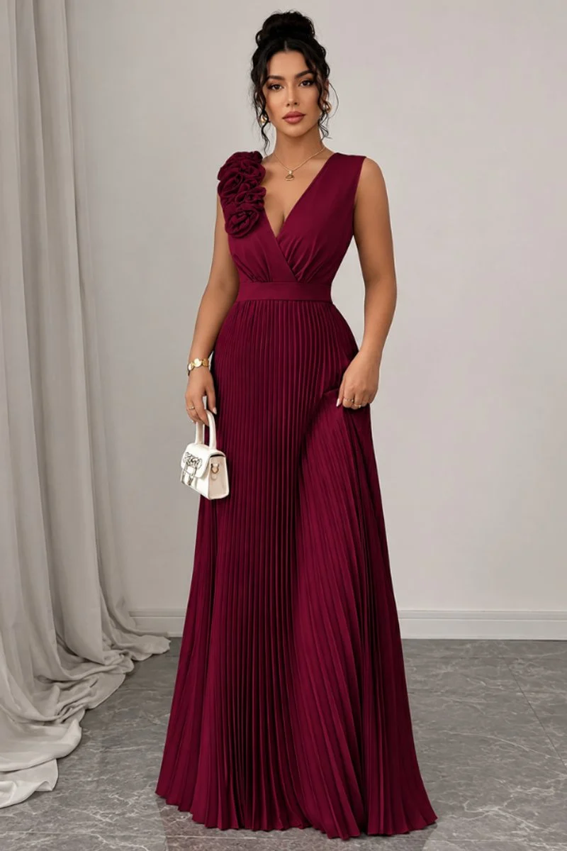 Katharina | Damen Abendkleid ärmellos plissiert A-Linie Blumenapplikation