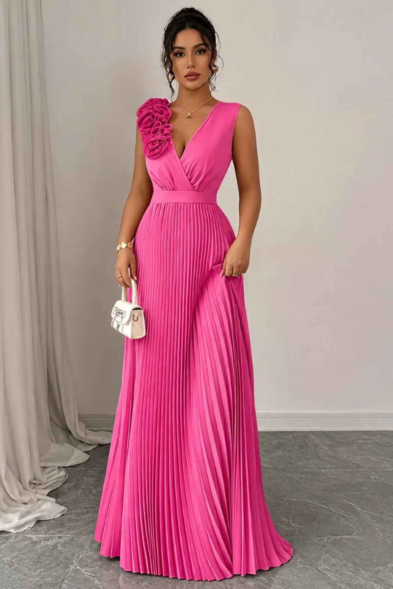 Katharina | Damen Abendkleid ärmellos plissiert A-Linie Blumenapplikation