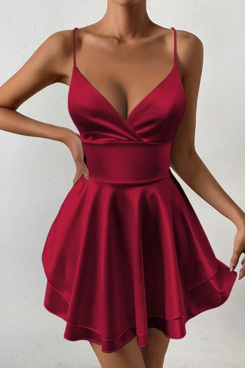 Amelie | Damen Satin Cocktailkleid V-Ausschnitt offener Rücken ausgestellt Mini