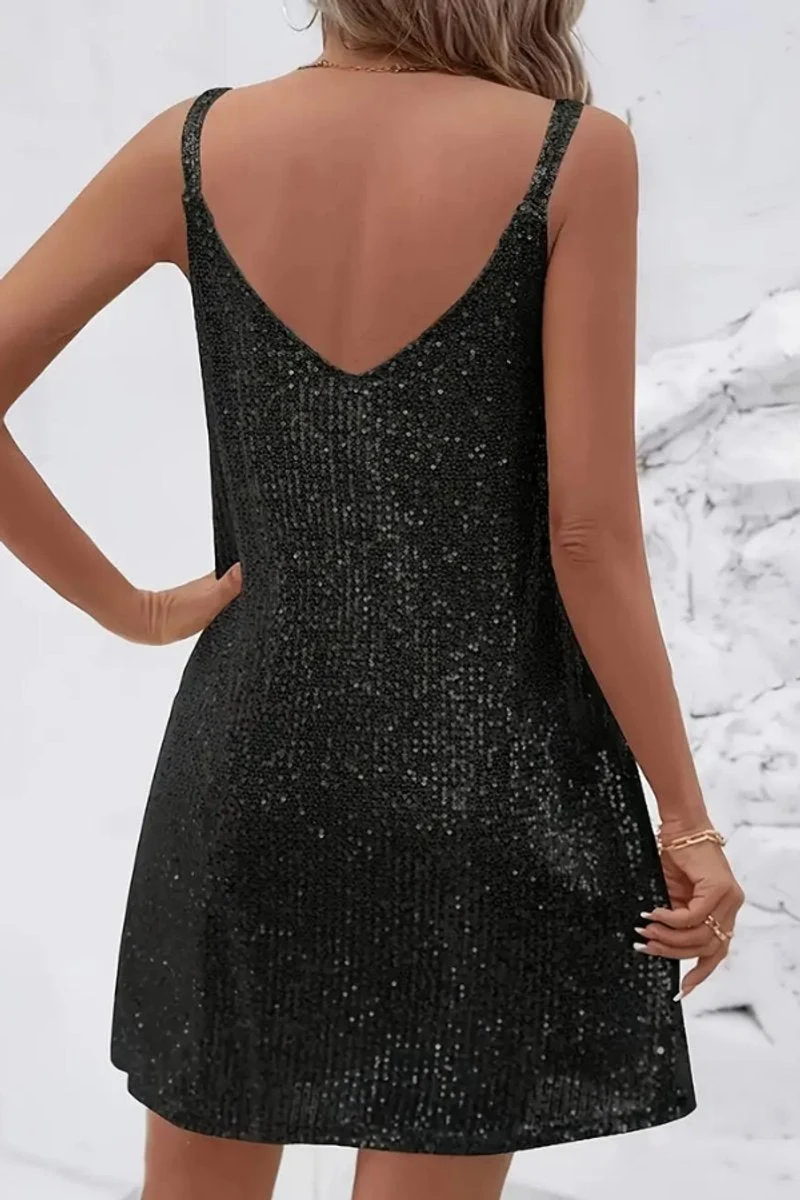 Amelie | Damen Pailletten Abendkleid Ärmellos V-Ausschnitt Mini Cocktailkleid