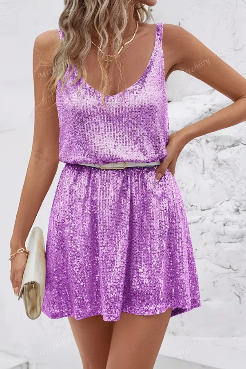 Amelie | Damen Pailletten Abendkleid Ärmellos V-Ausschnitt Mini Cocktailkleid