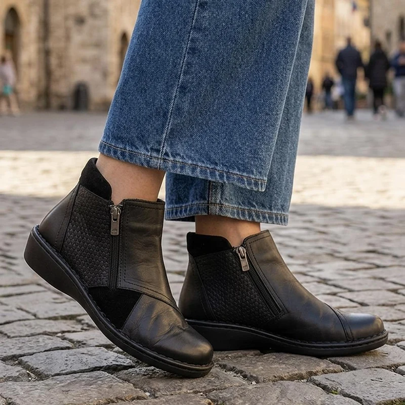 Smart Zip Up Leather Ankle Boots - AS44001 / 330 158 - Black