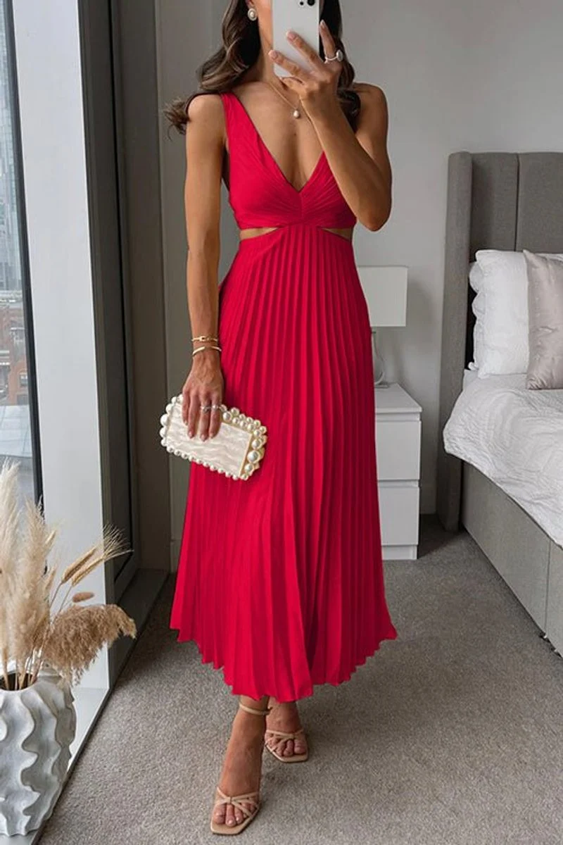 Johanna | Damen ärmelloses Cocktailkleid mit V-Ausschnitt plissierter Maxi-Schnitt
