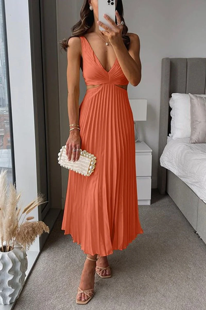 Johanna | Damen ärmelloses Cocktailkleid mit V-Ausschnitt plissierter Maxi-Schnitt