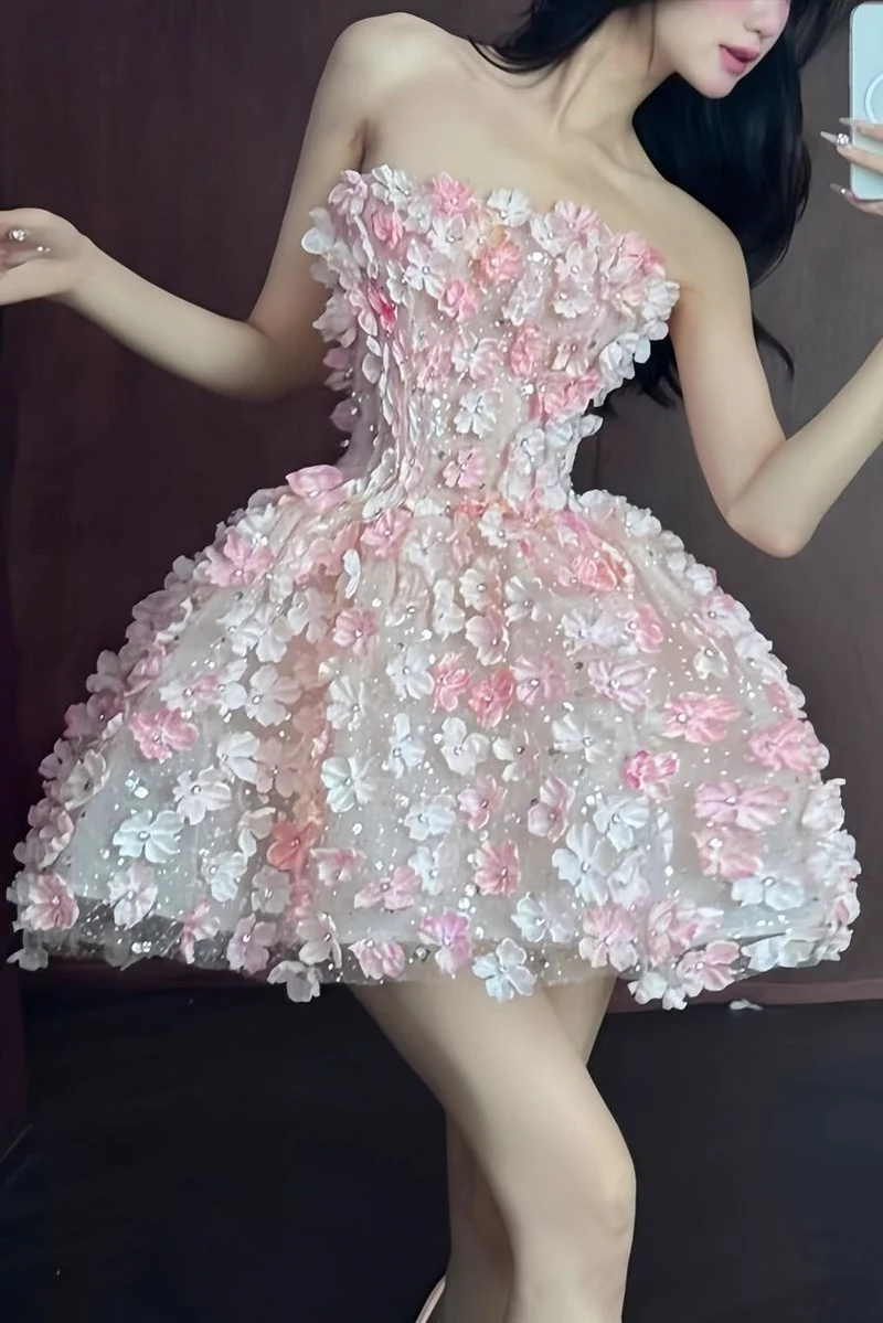 Charlotte | Damen Trägerloser 3D-Blumen Cocktailkleid Glitzer Minikleid