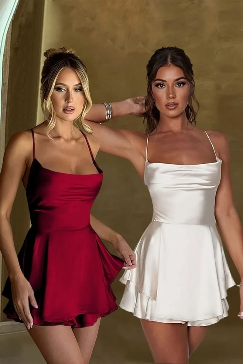 Marie | Damen Rückenfreies Minikleid Geraffter Taille Satin Cocktailkleid