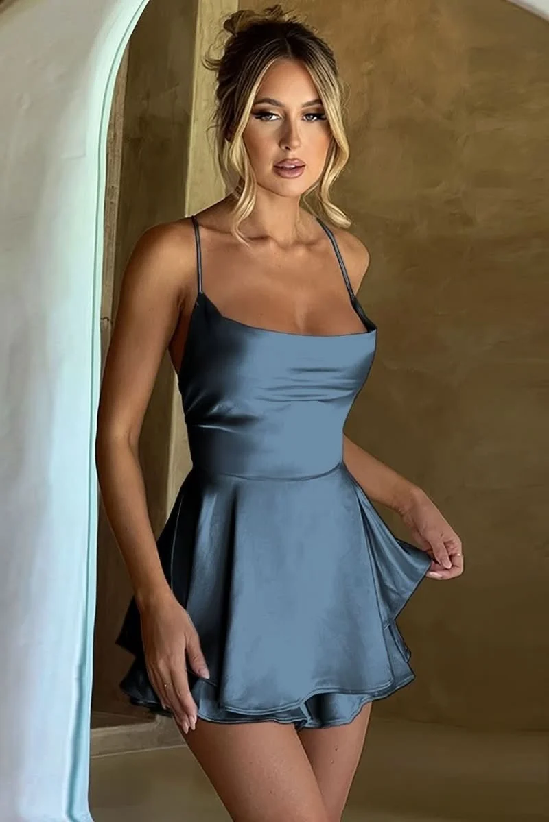 Marie | Damen Rückenfreies Minikleid Geraffter Taille Satin Cocktailkleid