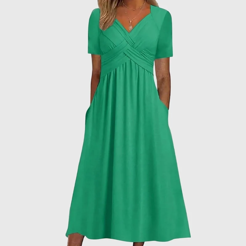 Katharina | Damen Midi Kleid mit Bauchkontrolle V-Ausschnitt Kurzarm