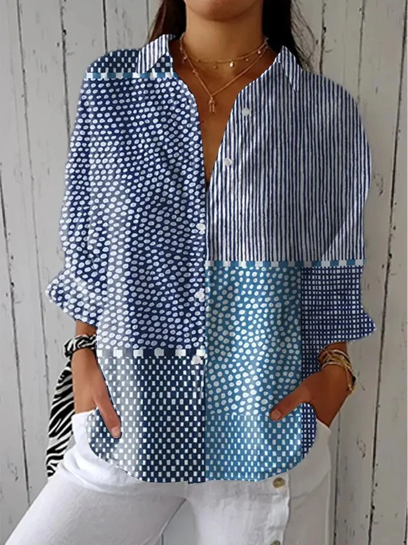 Clara | Damen Relaxed-Fit Patchwork-Bluse mit Knopfleiste