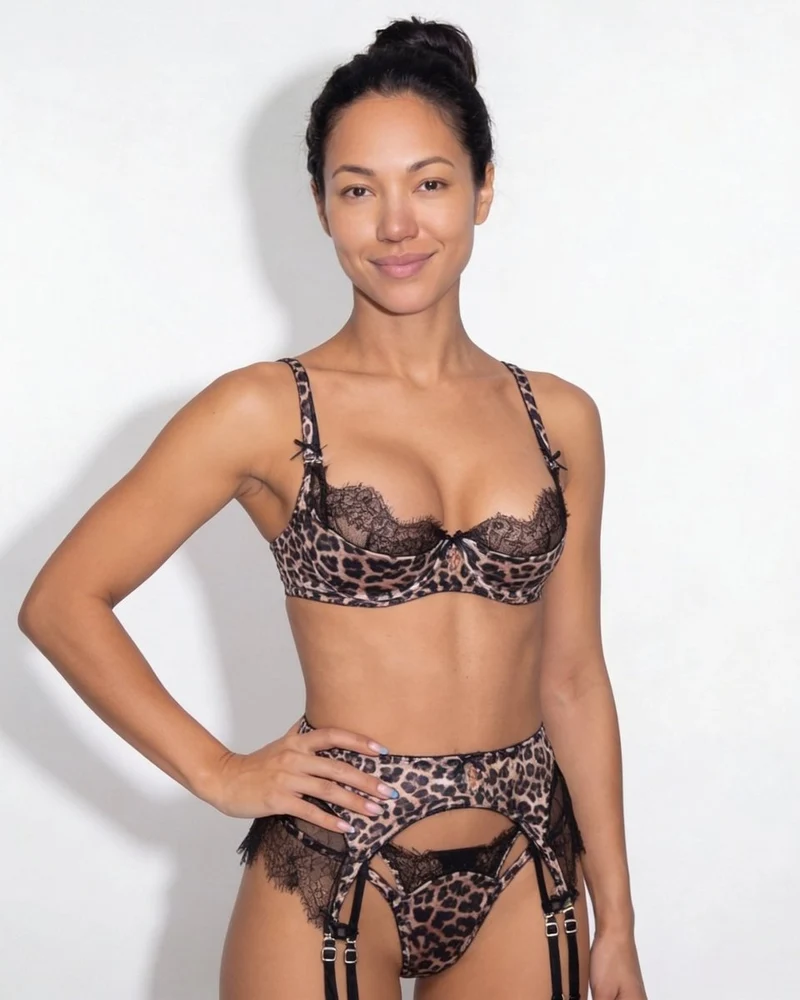 Johanna | Damen Leoparden Dessous-Set mit Spitzenbesatz vierteilig
