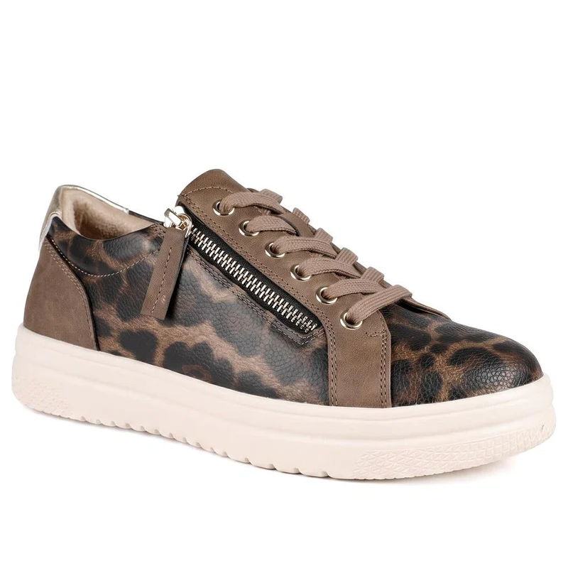 Wide Fit Zip & Lace Platform Trainers - WBINS43003 / 328 884 - Brown Leopard