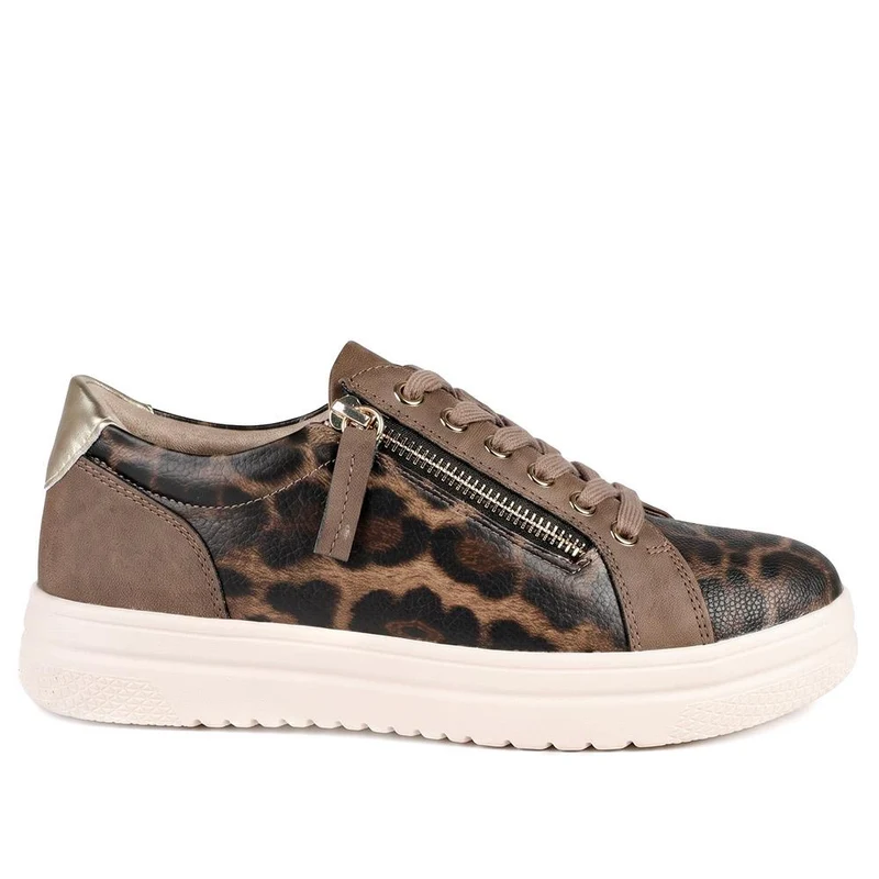 Wide Fit Zip & Lace Platform Trainers - WBINS43003 / 328 884 - Brown Leopard