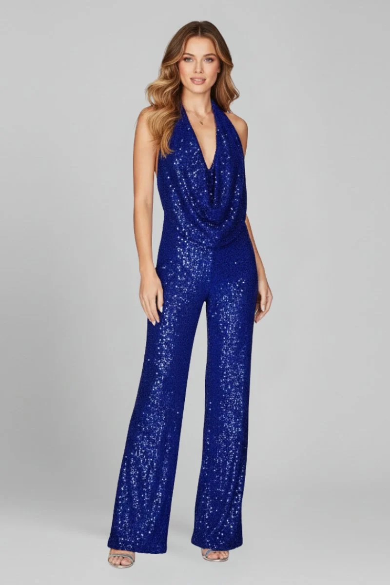 Annika | Damen Pailletten Jumpsuit Weites Bein Neckholder Wasserfall-Ausschnitt