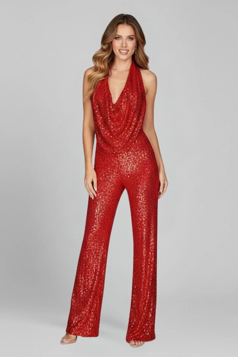Annika | Damen Pailletten Jumpsuit Weites Bein Neckholder Wasserfall-Ausschnitt