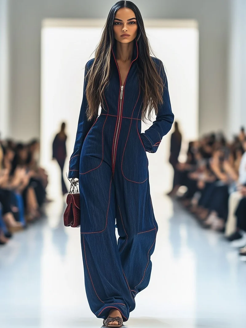 Johanna | Damen Langarm-Jumpsuit Wide Leg Pants Reißverschluss Kontrastnähte