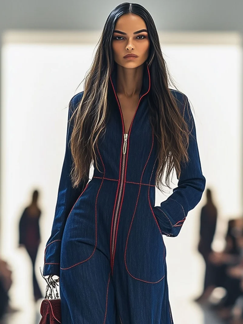 Johanna | Damen Langarm-Jumpsuit Wide Leg Pants Reißverschluss Kontrastnähte