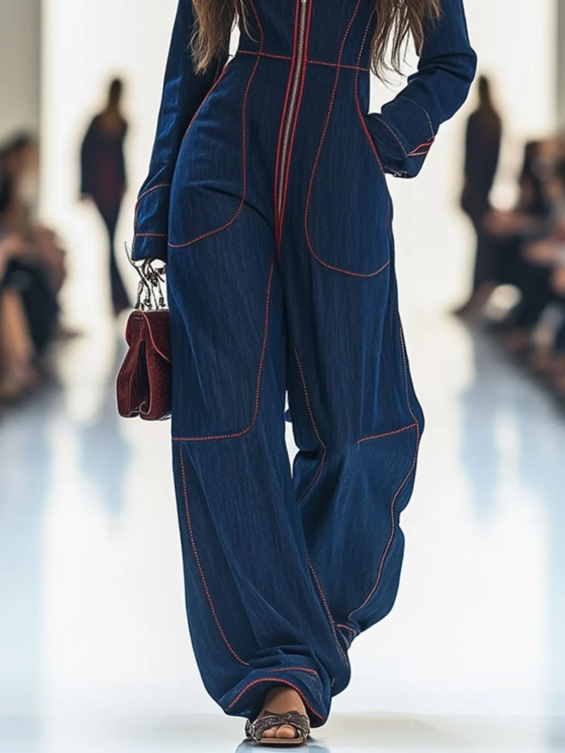 Johanna | Damen Langarm-Jumpsuit Wide Leg Pants Reißverschluss Kontrastnähte