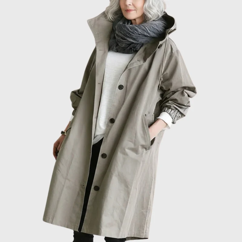 Frieda | Damen Trench Coat mit Kapuze wasserdicht Relaxed-Fit lang