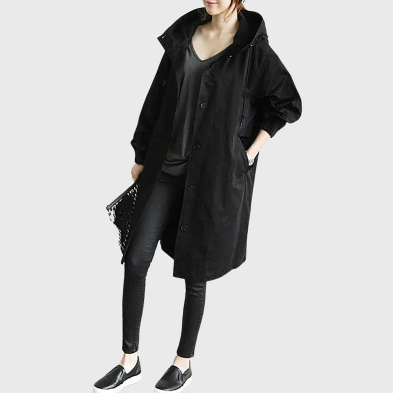 Frieda | Damen Trench Coat mit Kapuze wasserdicht Relaxed-Fit lang