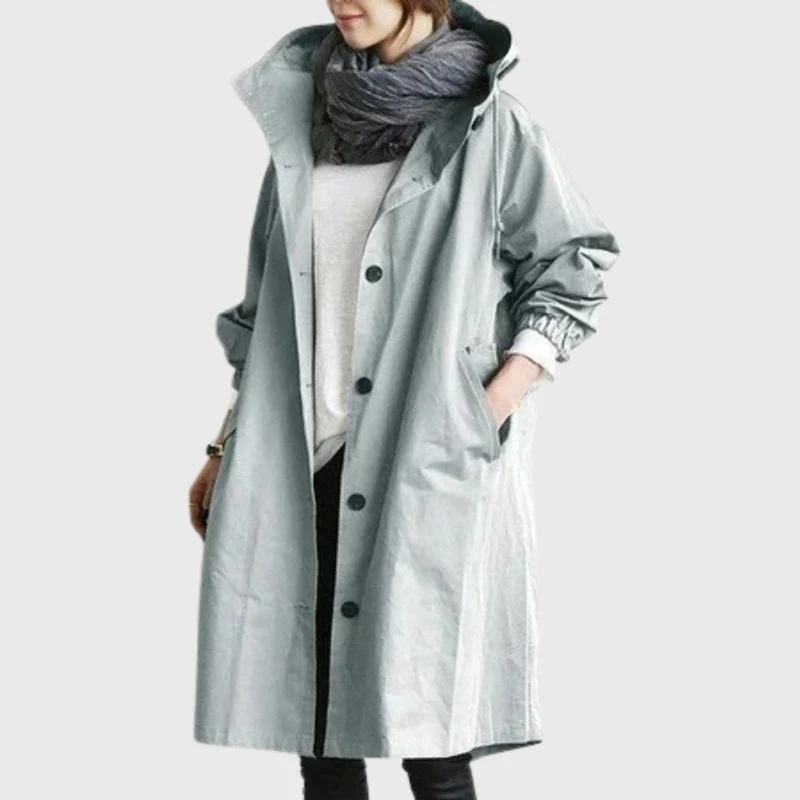 Frieda | Damen Trench Coat mit Kapuze wasserdicht Relaxed-Fit lang