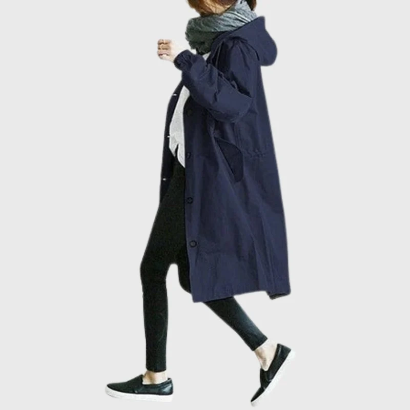 Frieda | Damen Trench Coat mit Kapuze wasserdicht Relaxed-Fit lang