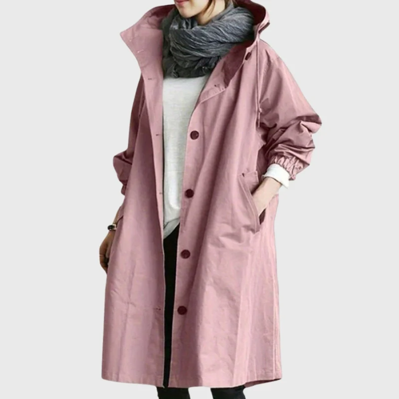 Frieda | Damen Trench Coat mit Kapuze wasserdicht Relaxed-Fit lang