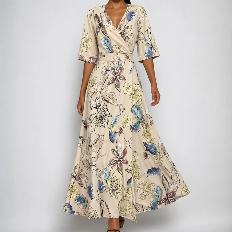 Katharina | Maxi Wickelkleid Satin Blumenmuster V-Ausschnitt Tailliert