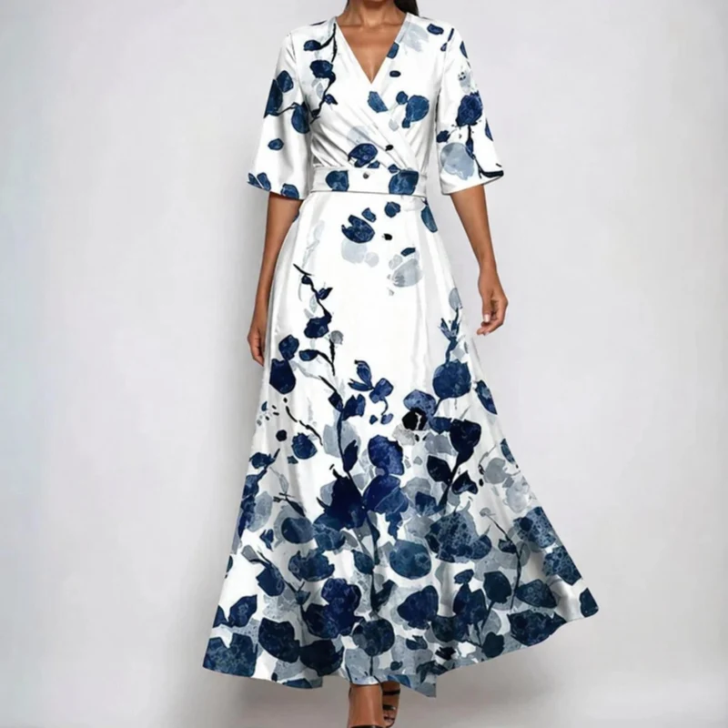 Katharina | Maxi Wickelkleid Satin Blumenmuster V-Ausschnitt Tailliert