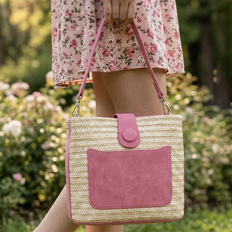 Woven Shoulder Bag with Faux Leather Trim - RIM43000 / 329 297 - Pink