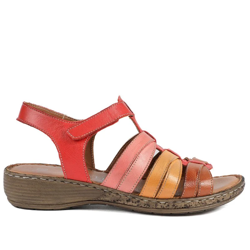 Premium Leather Adjustable Fasten Sandals - LUCK43002 / 329 420 - Red Multi