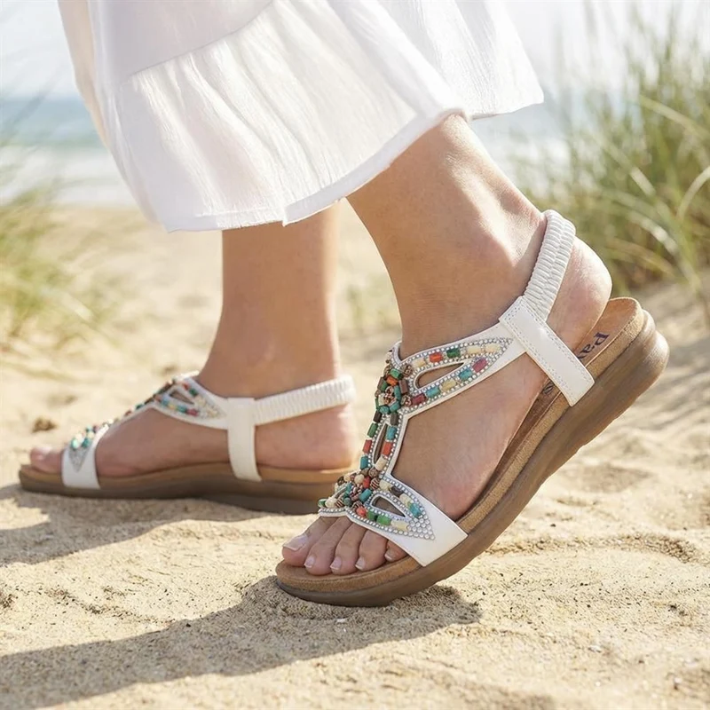 Elasticated Embellished Slingback Sandals - BAIZH43002 / 328 880 - White