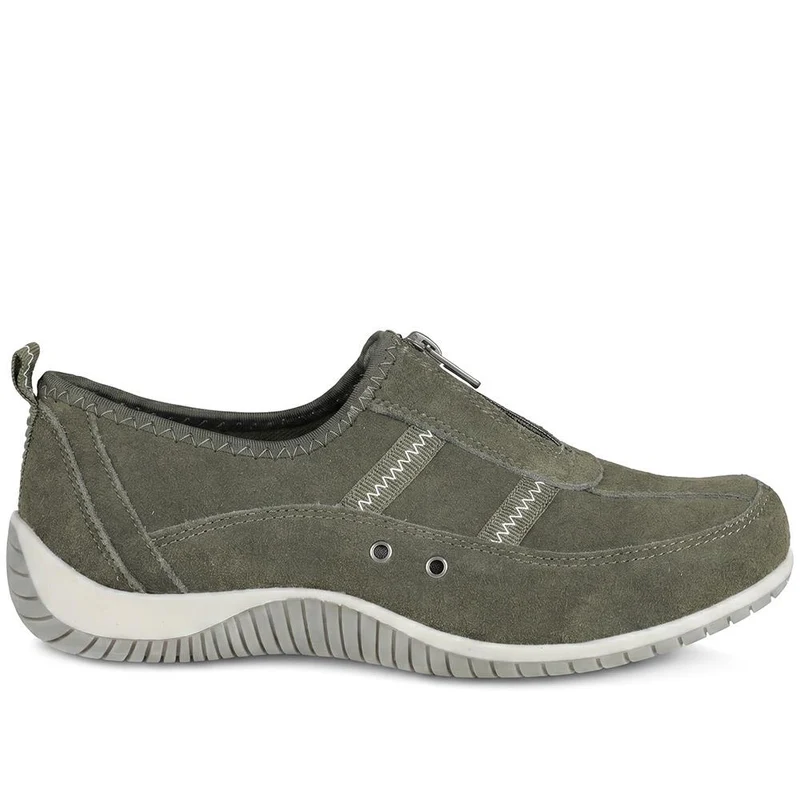 Memory Foam Leather Slip On Trainers - BRK43049 / 329 380 - Khaki