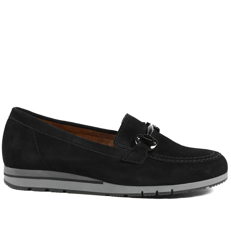 Gabor Wide Fit Leather Wedge Heel Loafers - GAB42548 / 329 080 - Black Suede