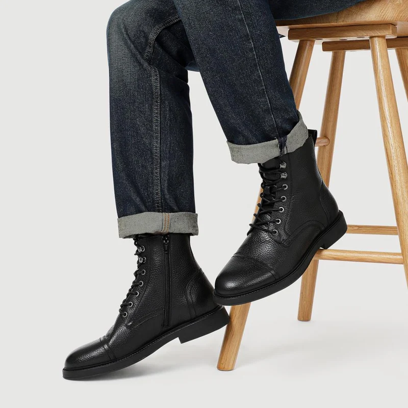 Davide Leather Wide-Fit Military Boots - DAVIDE / 328 077 - Black Grain