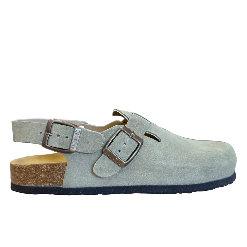 Plakton Damen-Pantoletten Gibraltar aus Wildleder mit Doppelriemen - Helles Khaki