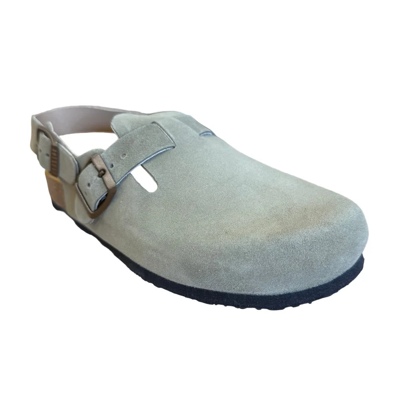 Plakton Damen-Pantoletten Gibraltar aus Wildleder mit Doppelriemen - Helles Khaki