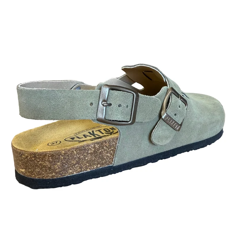 Plakton Damen-Pantoletten Gibraltar aus Wildleder mit Doppelriemen - Helles Khaki