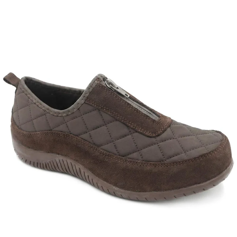 Wide Fit Leather Slip-On Shoes With Zip Fastening - BRK42019 / 328 406 - Chocolate