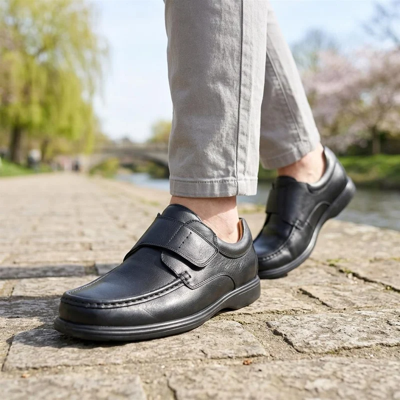 Wide Fit Smart Leather Adjustable Fasten Shoes - MOEN43010 / 329 583 - Black