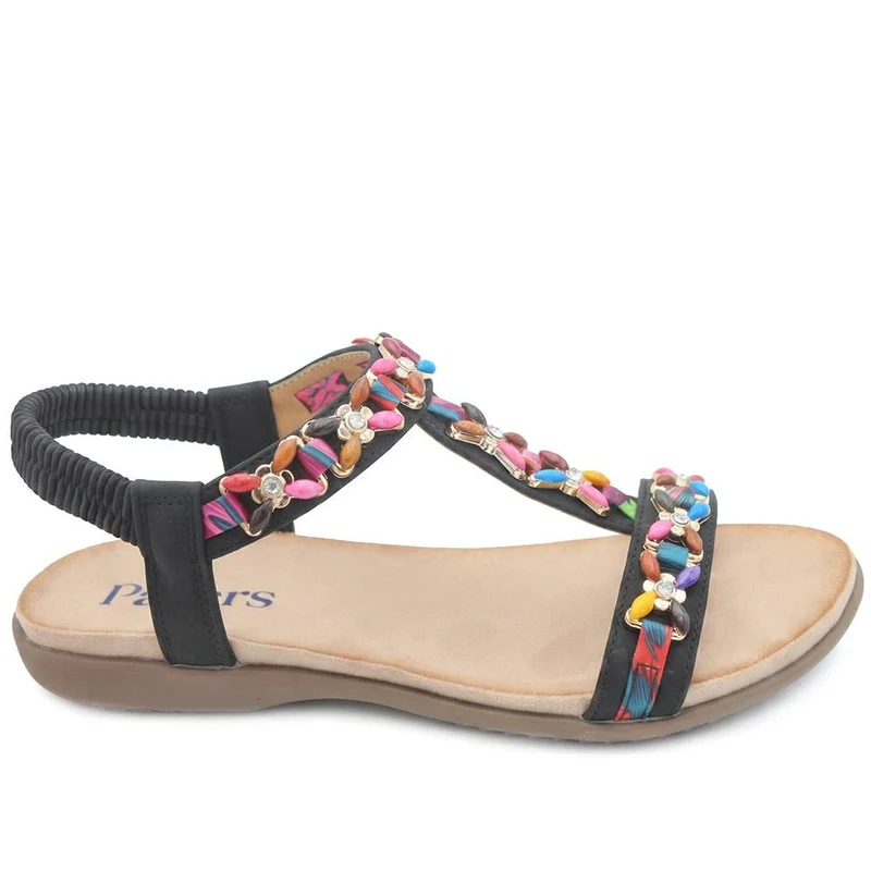 Elasticated Beaded Slip On Sandals - BAIZH43068 / 329 612 - Black