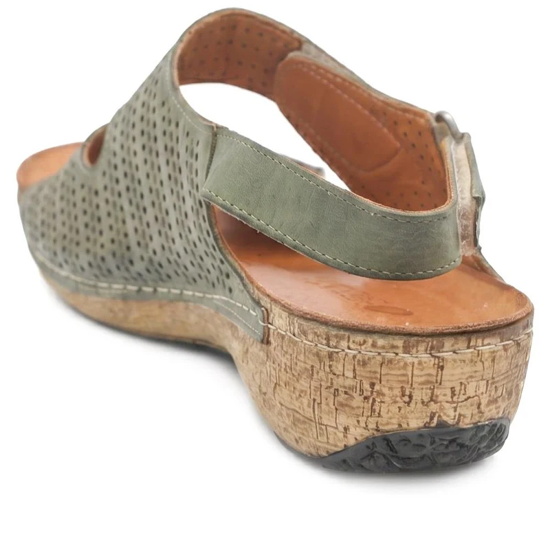 Leather Triple Adjustable Strap Sandals - KARY43005 / 329 410 - Khaki