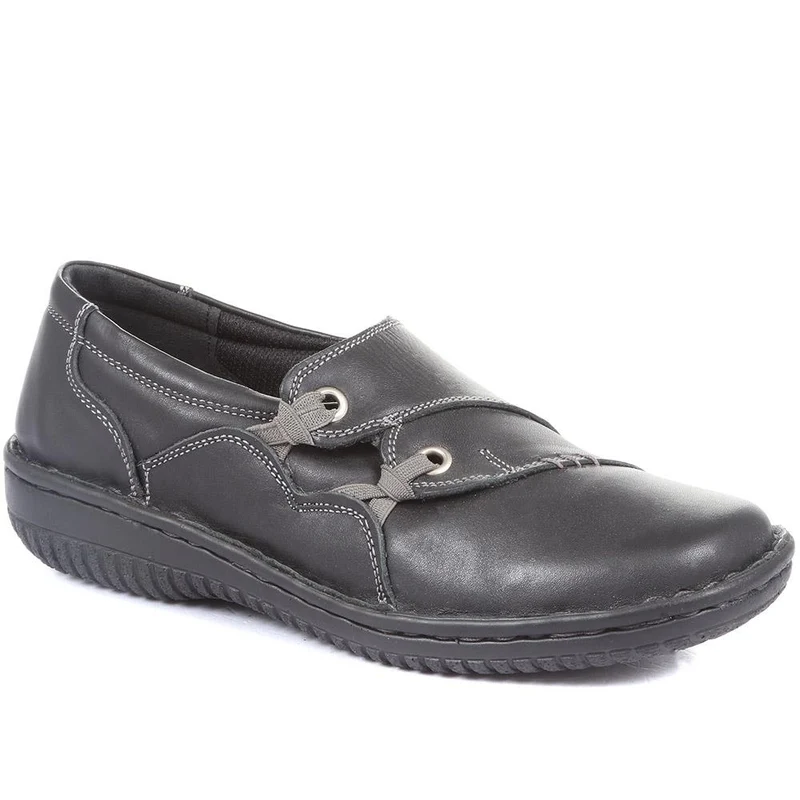 Leather Slip On Shoe with Elastic Loop - HAK23012 / 308 130 - Black